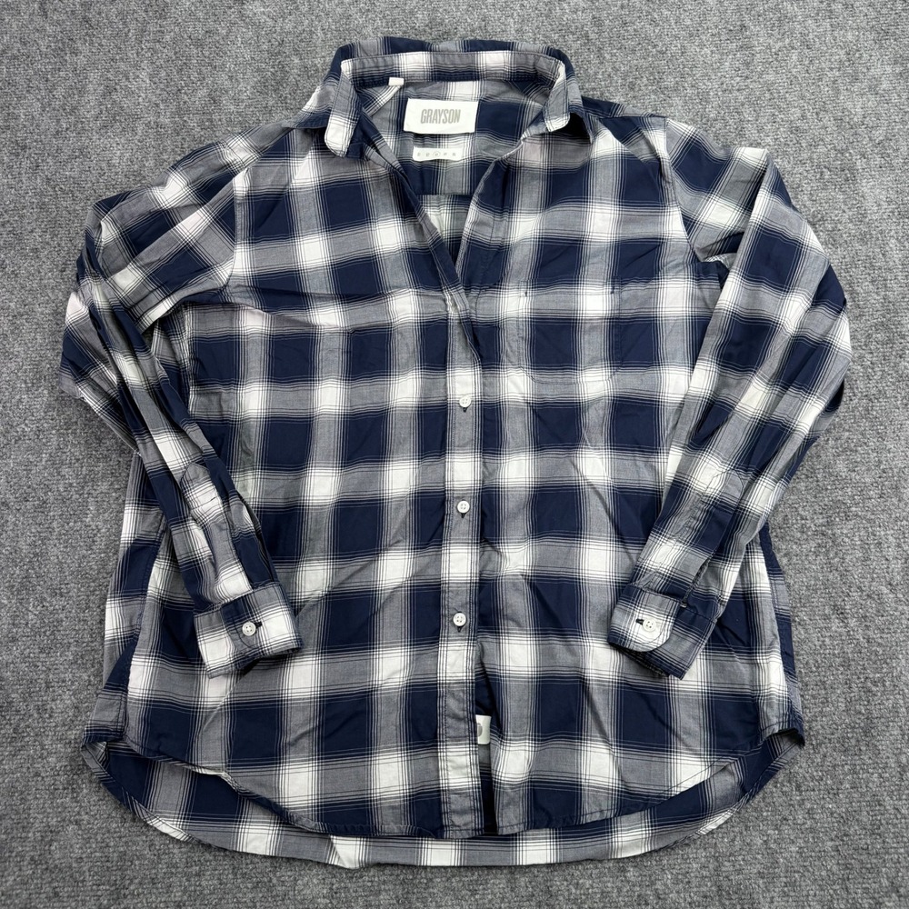 Grayson Shirt Womens Size 03 Medium Navy White Plaid‎ The Hero Cotton Button Up